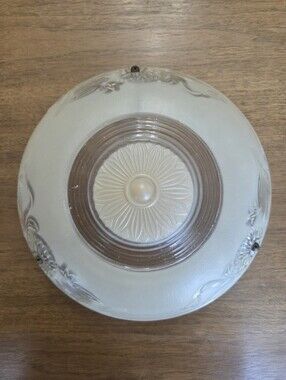 1930's Clear & Frosted Floral Glass Light Shade 3-Hole Ceiling Fixture 10"